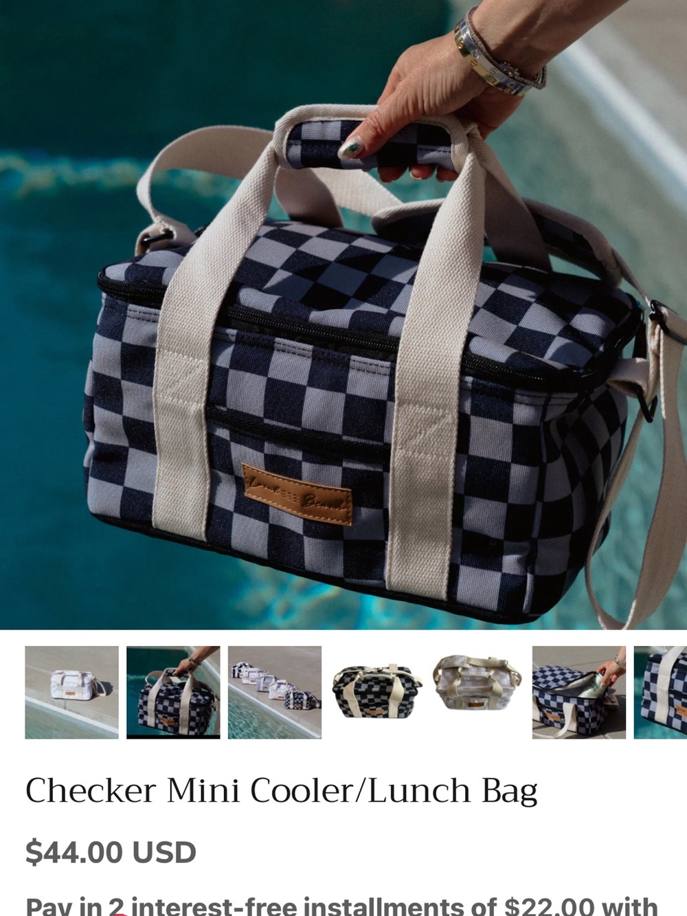 Checker Mini Cooler Lunch Bag in Navy and Gray with Cream Straps
